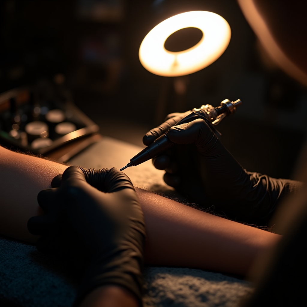 Manos de un tatuador trabajando con la máquina durante una sesión