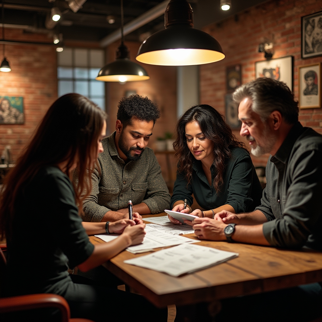 Equipo de tatuadores reunido alrededor de una mesa revisando la agenda del estudio