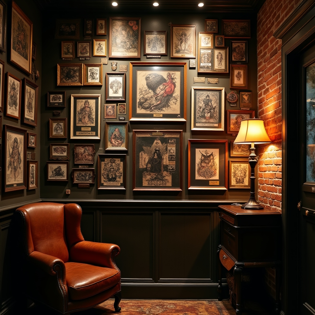 Pared de un estudio de tatuaje con trabajos organizados por estilo